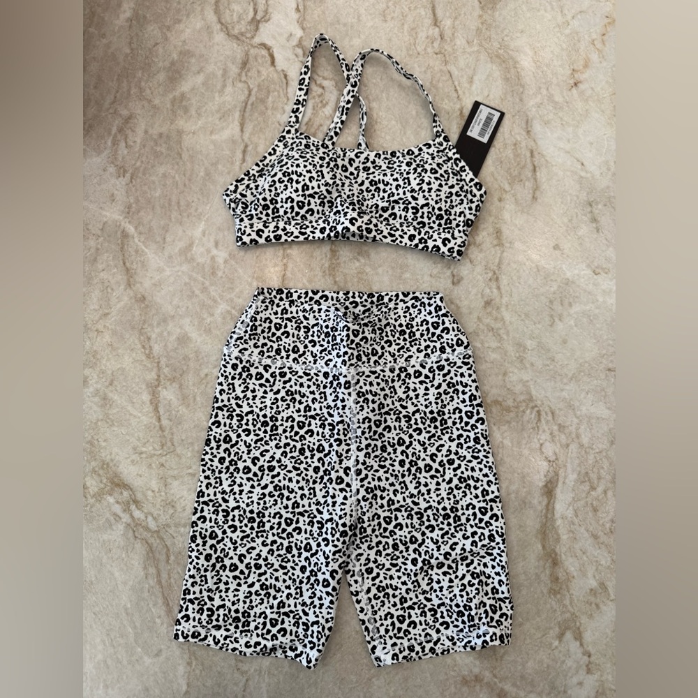 White Fox Leopard Print Sports Bra and Shorts Set